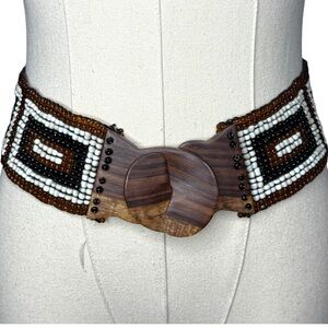 HAND BEADED Wood Buckle Wide Bead Belt One Size‎